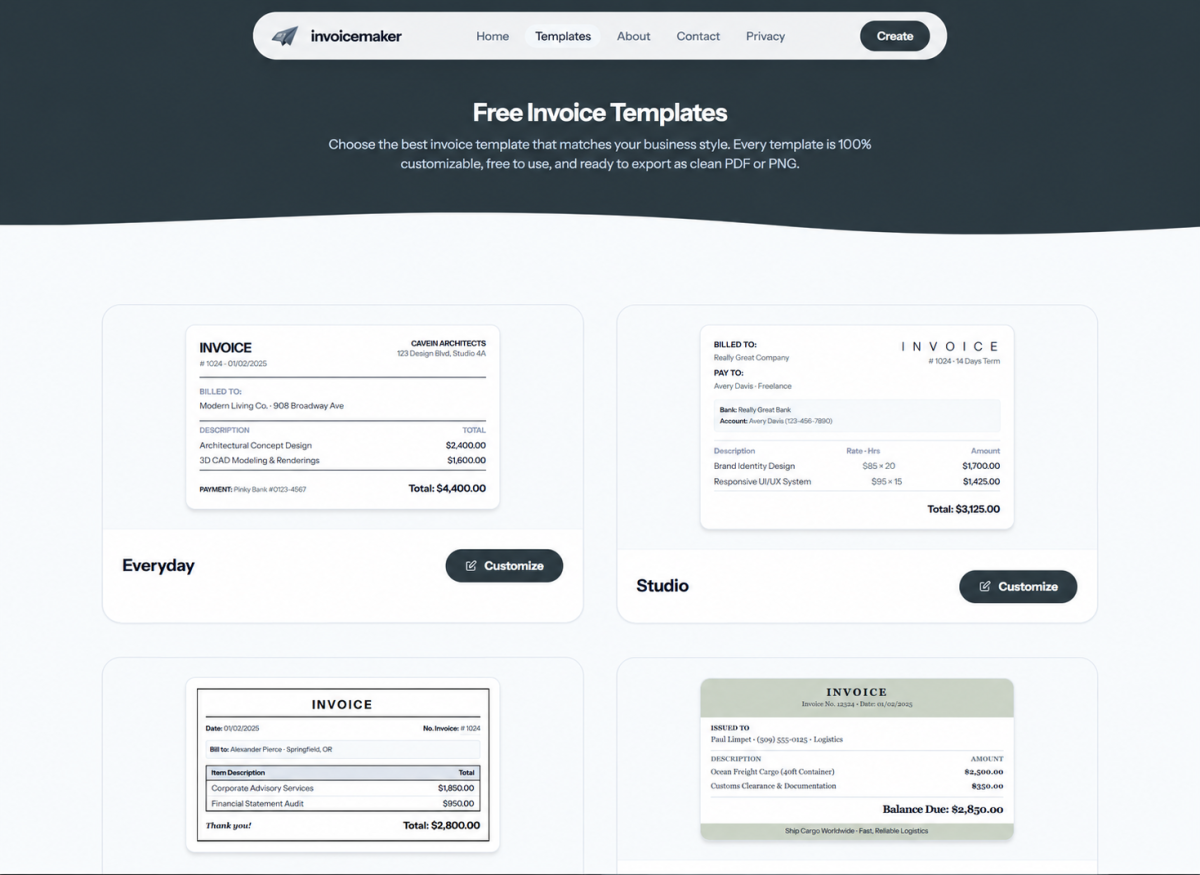 Free invoice template gallery with Everyday and Studio designs and Customize buttons.