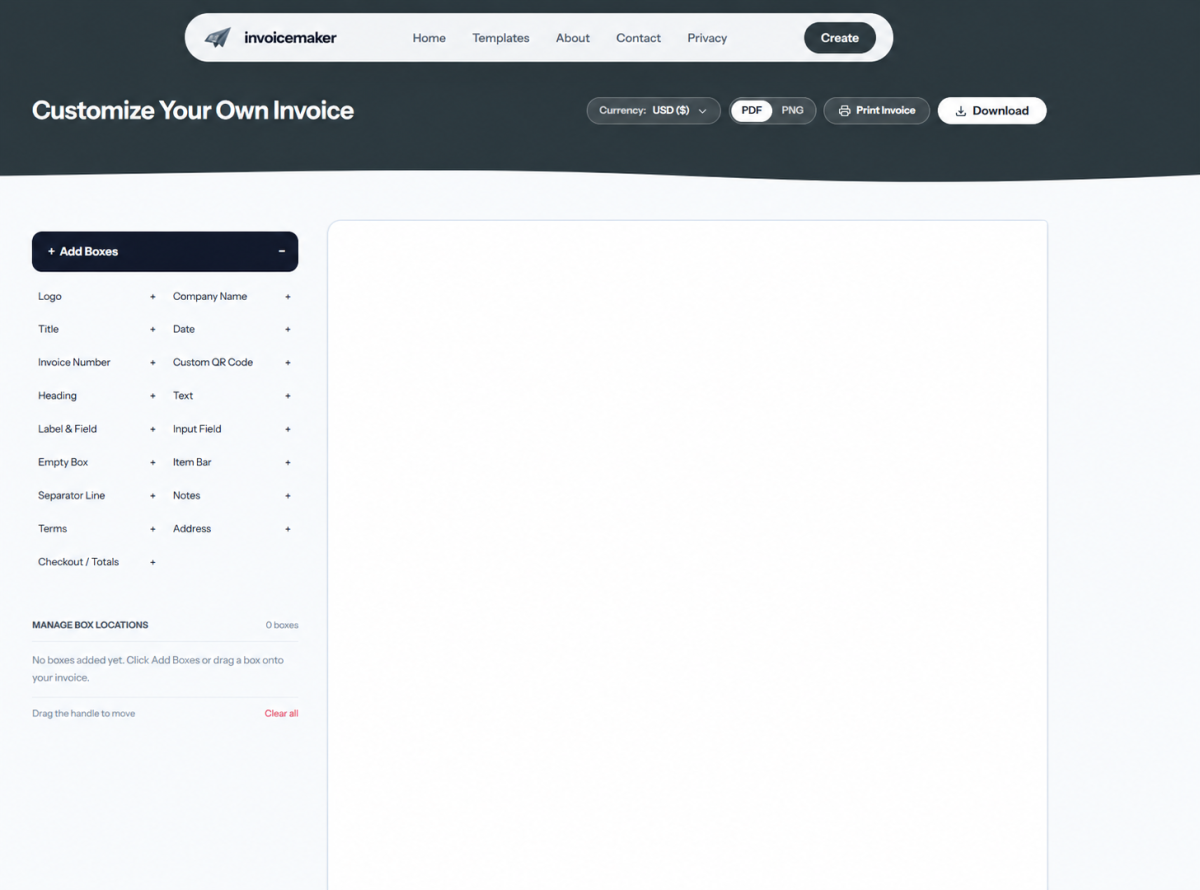 Blank invoice builder with an Add Boxes panel for adding text, logos, item rows, and totals.